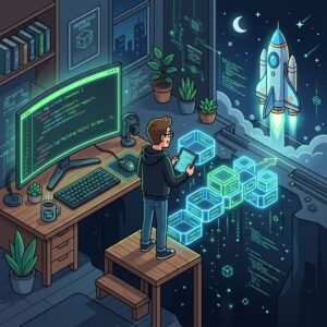 Isometric cartoon illustration of a solo developer workstation showing SwiftUI code on a monitor, with a developer building a digital block bridge toward a launching rocket ship to represent building in public.