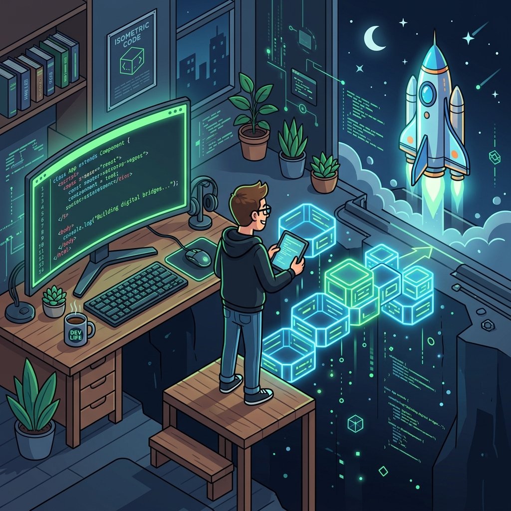 Isometric cartoon illustration of a solo developer workstation showing SwiftUI code on a monitor, with a developer building a digital block bridge toward a launching rocket ship to represent building in public.