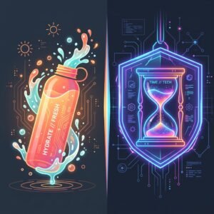 Split-screen flat vector illustration showing a warm sunset-colored water bottle splashing water on the left and a glowing neon cyberpunk hourglass focus timer with a shield on the right, representing focus and hydration.