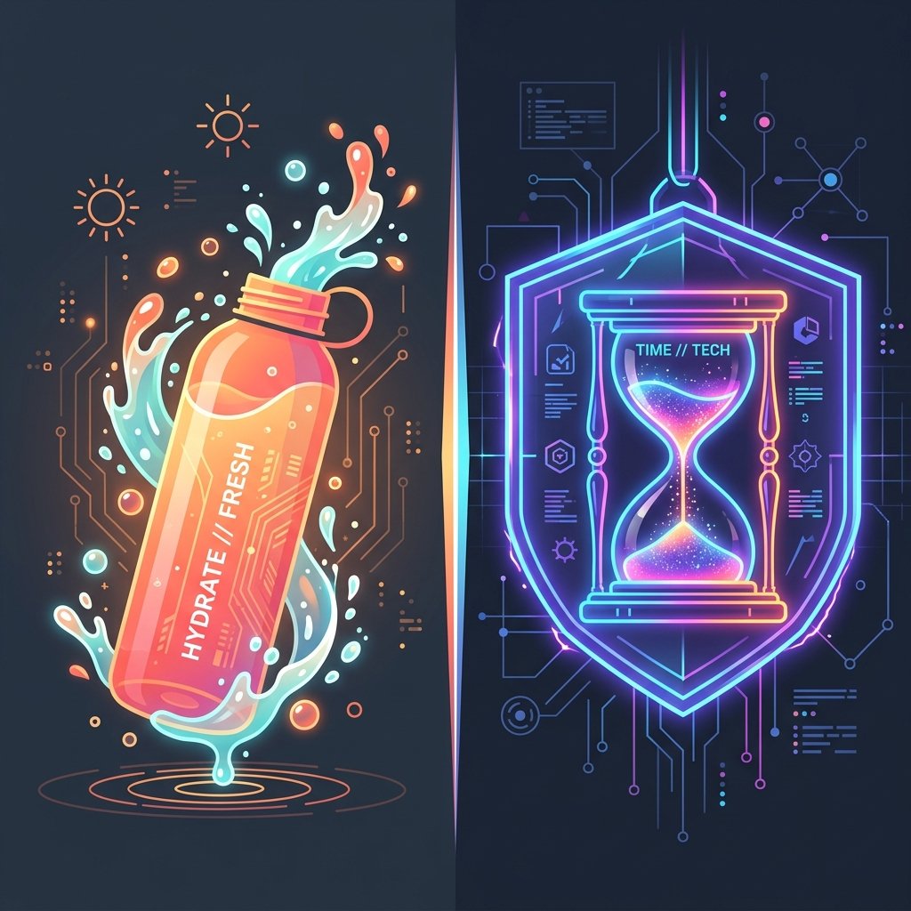 Split-screen flat vector illustration showing a warm sunset-colored water bottle splashing water on the left and a glowing neon cyberpunk hourglass focus timer with a shield on the right, representing focus and hydration.
