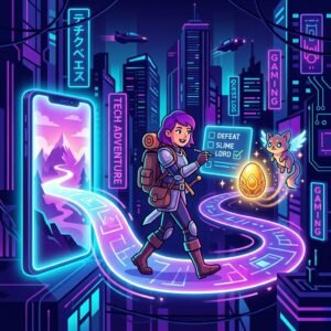 Flat vector tech illustration of a cartoon RPG explorer character walking on a glowing path winding out of a smartphone screen to check off habits and hatch a companion egg, representing a gamified habit tracker.