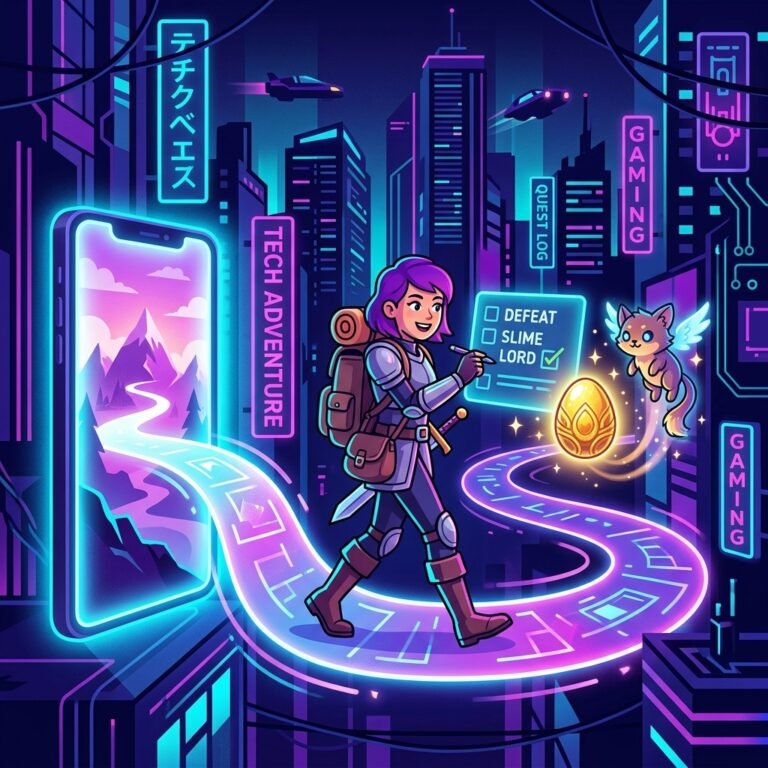 Flat vector tech illustration of a cartoon RPG explorer character walking on a glowing path winding out of a smartphone screen to check off habits and hatch a companion egg, representing a gamified habit tracker.