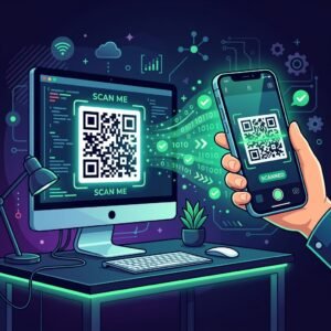 Flat vector tech illustration of an iPhone camera scanning a large visual QR code on a desktop computer screen, showing glowing green data streams to represent frictionless mobile onboarding and beta testing.