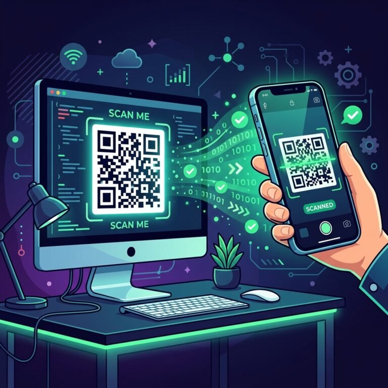 Flat vector tech illustration of an iPhone camera scanning a large visual QR code on a desktop computer screen, showing glowing green data streams to represent frictionless mobile onboarding and beta testing.