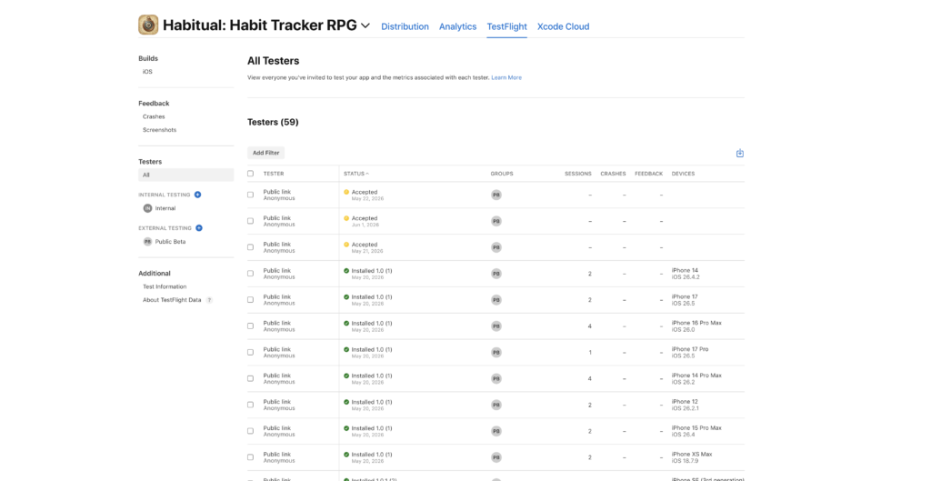 Beta testers in App Store Connect.