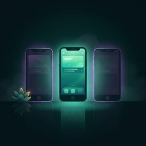 Three glowing phones, one bright and two dimmed, showing how a solo developer manages multiple app projects