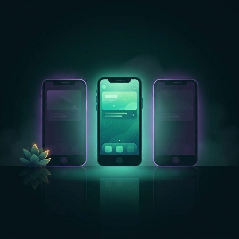 Three glowing phones, one bright and two dimmed, showing how a solo developer manages multiple app projects