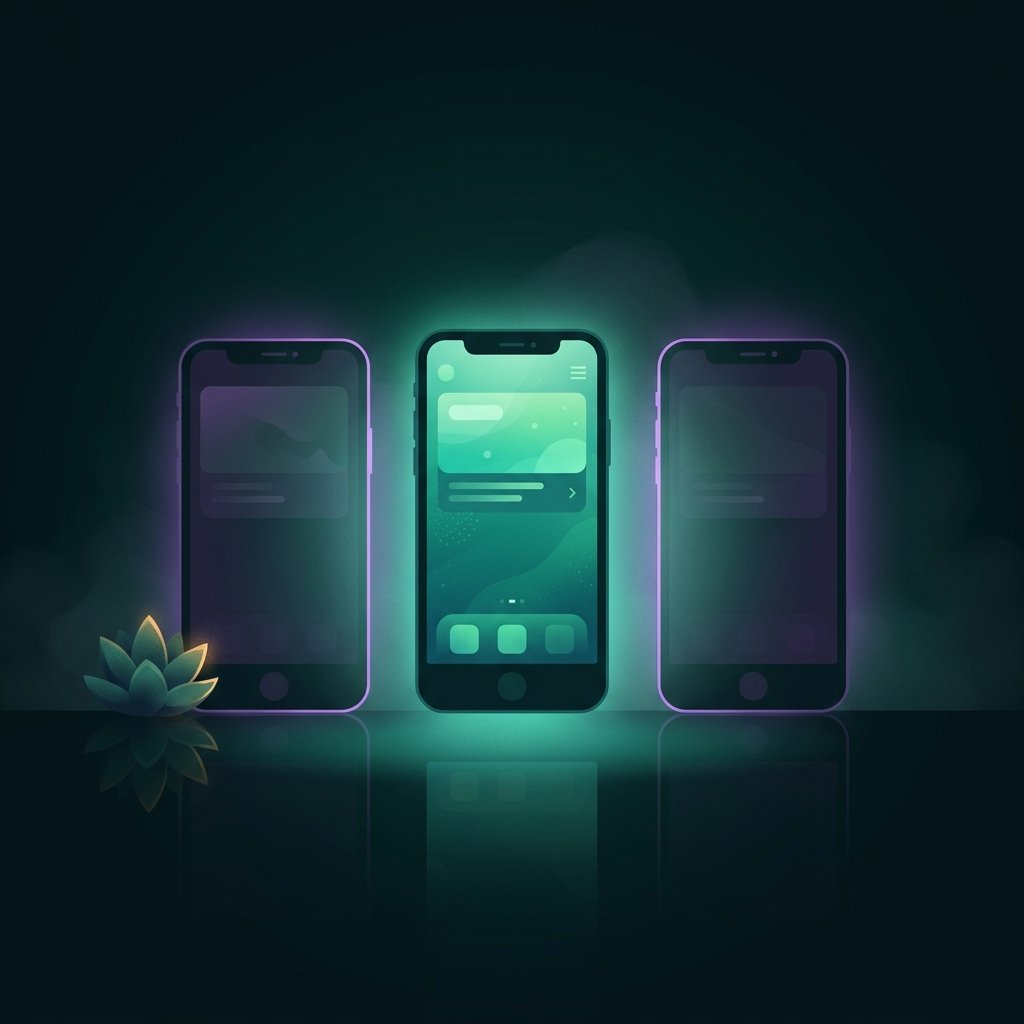Three glowing phones, one bright and two dimmed, showing how a solo developer manages multiple app projects