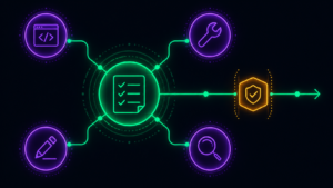 A central hub node coordinating smaller AI agent nodes through an approval gate, representing an agentic operating system.