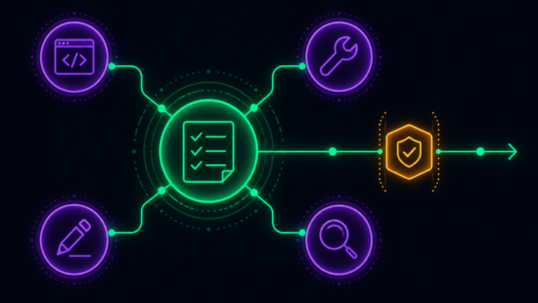 A central hub node coordinating smaller AI agent nodes through an approval gate, representing an agentic operating system.