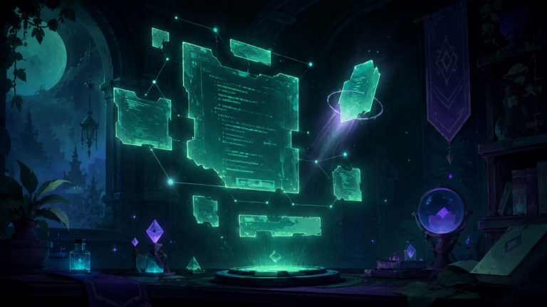 Glowing code panel assembling from luminous fragments, representing reviewing AI SwiftUI code
