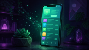 Smartphone glowing with an abstract App Store listing, illustrating App Store Optimization on a budget