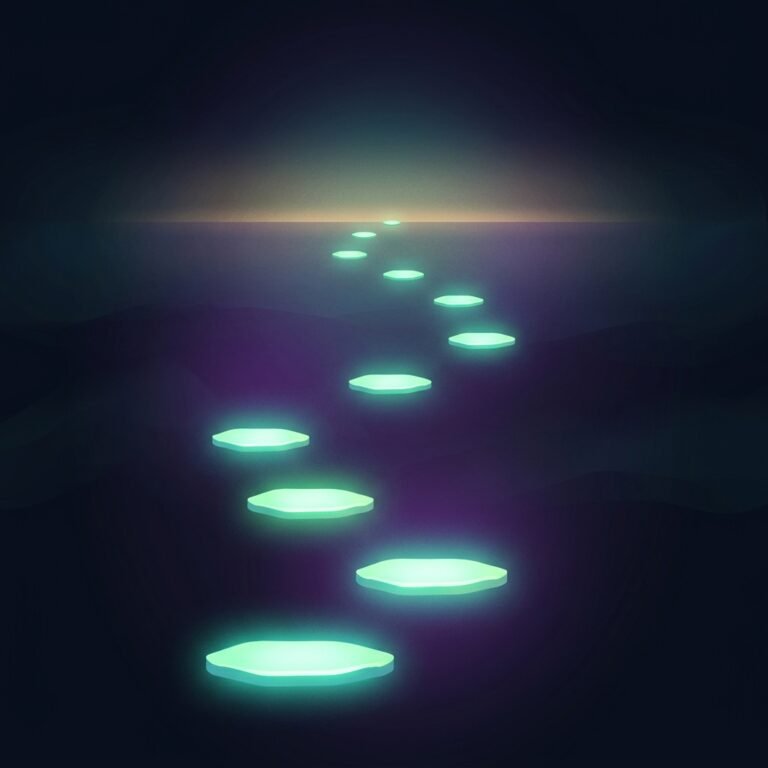 Glowing path of ten ascending checkpoints rising toward a bright horizon, illustrating the build 10 apps learning journey