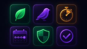 A grid of glowing app tiles with simple icons, representing the best apps for ADHD.