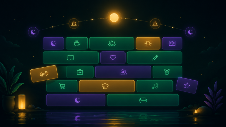A day shown as glowing visual time blocks, representing the best calendar app for ADHD.