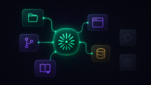 A central AI hub connected to a small set of tool blocks, representing a lean set of MCP servers for Claude Code.