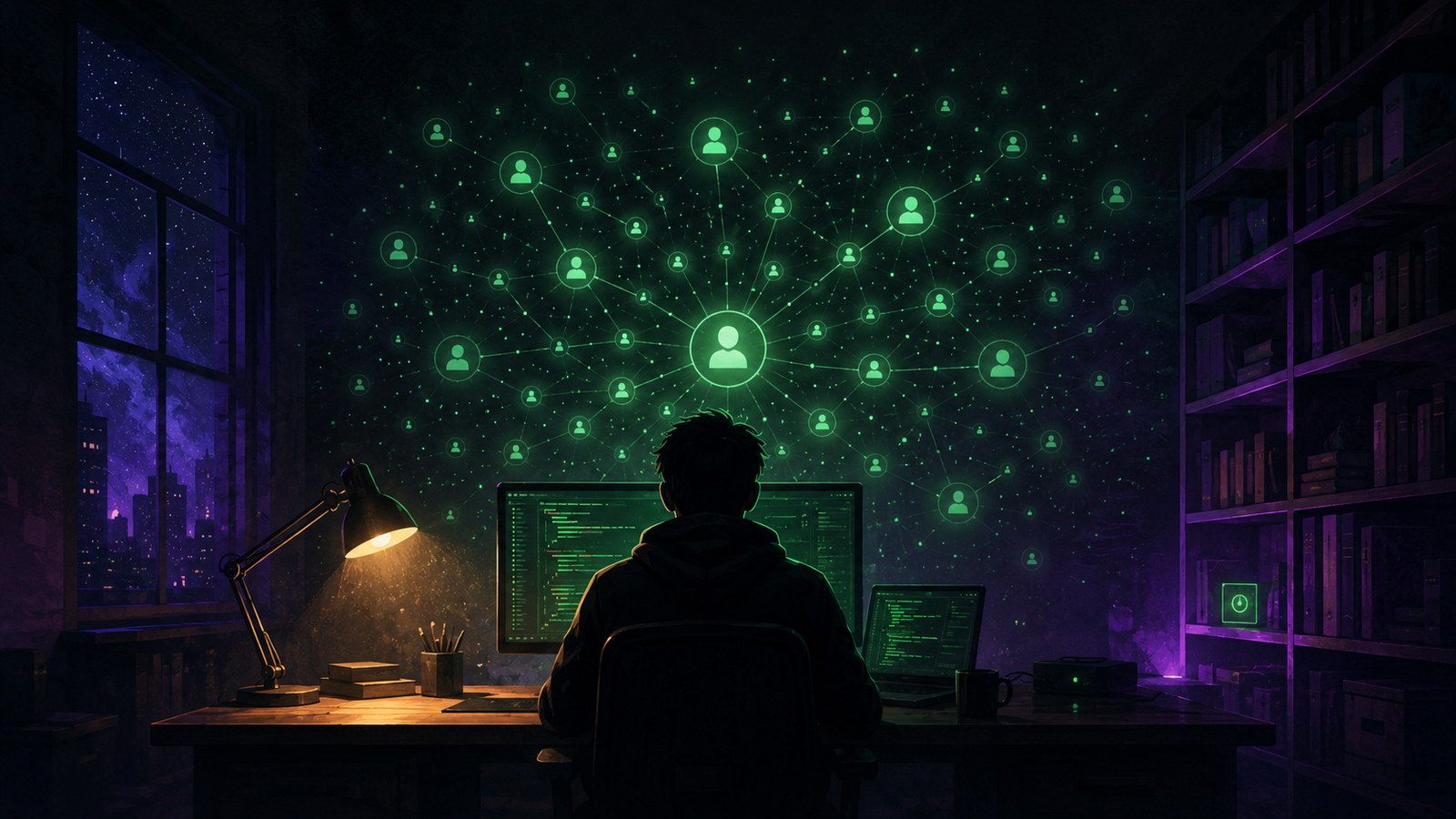 Lone developer in silhouette beside a growing constellation of nodes, building in public