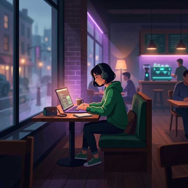 Developer in a public cafe with working on a laptop