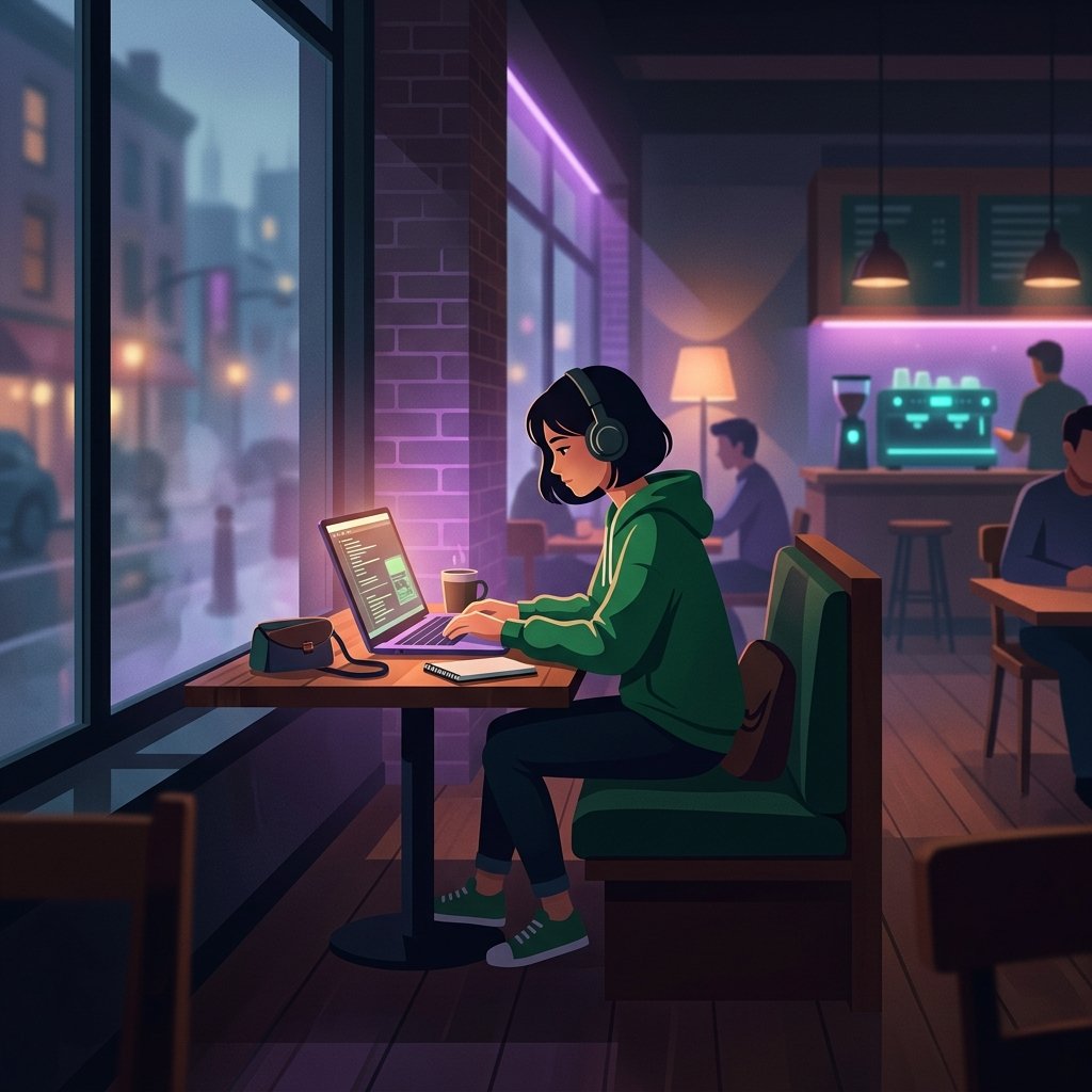 Developer in a public cafe with working on a laptop