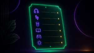 A glowing restaurant-style menu with activity icons instead of dishes, representing a dopamine menu for ADHD.