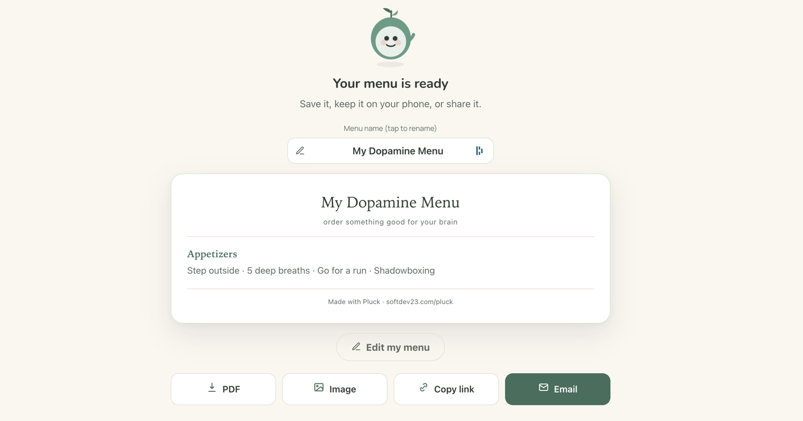 Pluck dopamine menu, ready to save and share