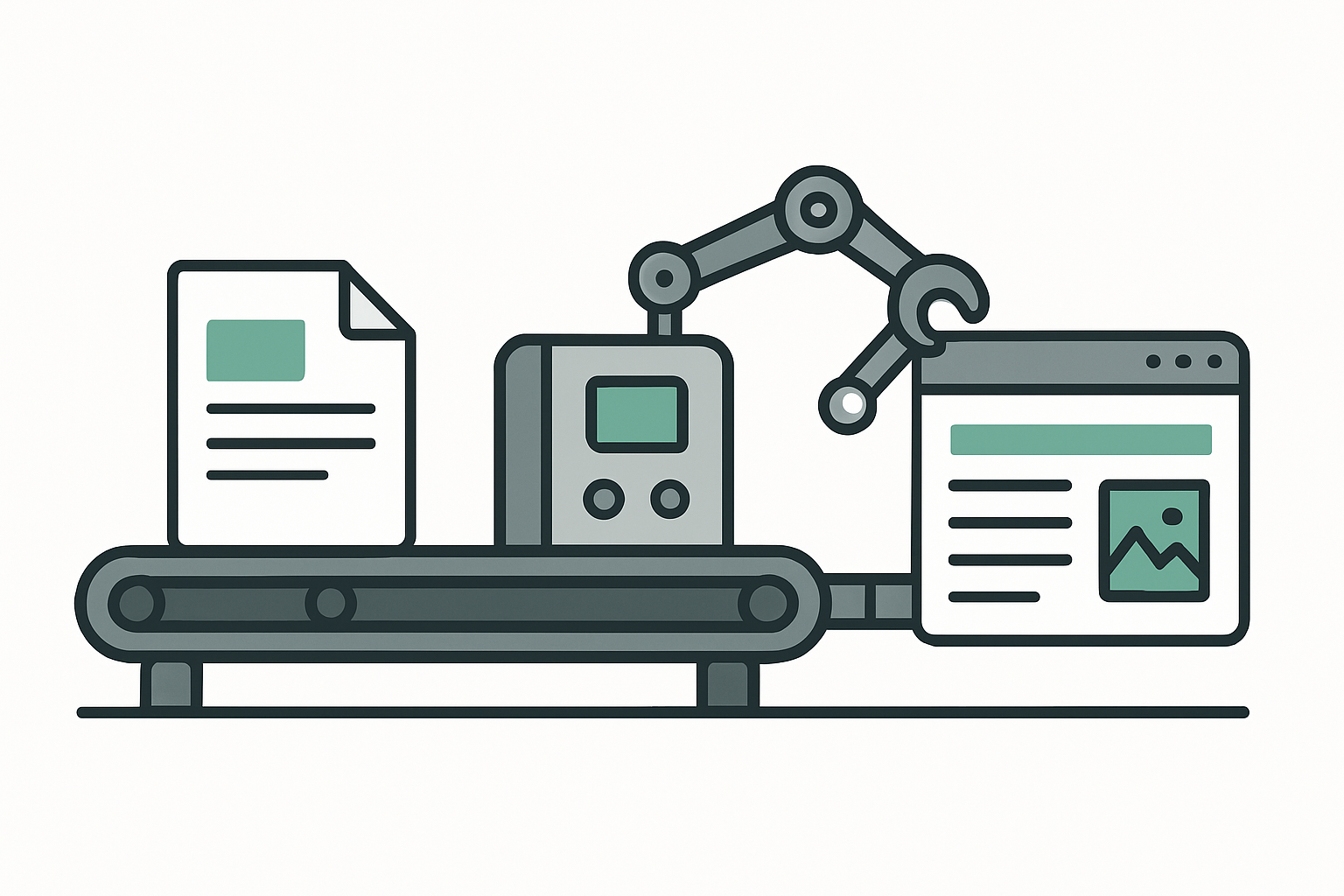 An automated pipeline carrying a document through a machine and robot arm into a published web page, representing n8n WordPress automation.