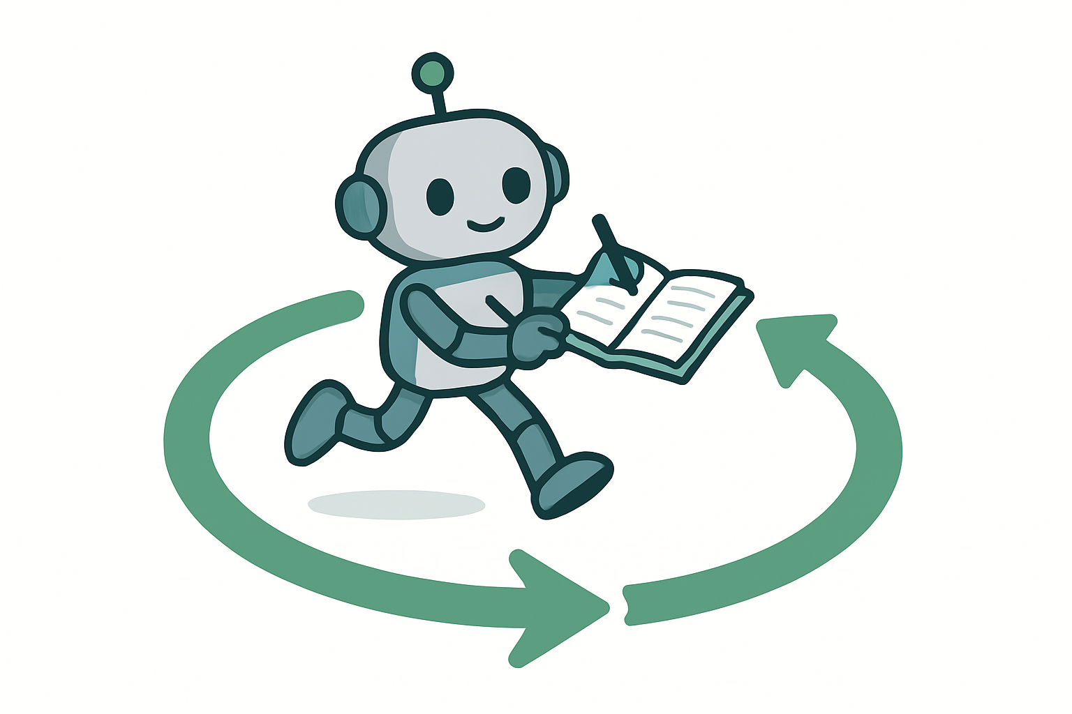 A robot running a circular loop and writing in a notebook, representing an iterative AI agent workflow with memory.