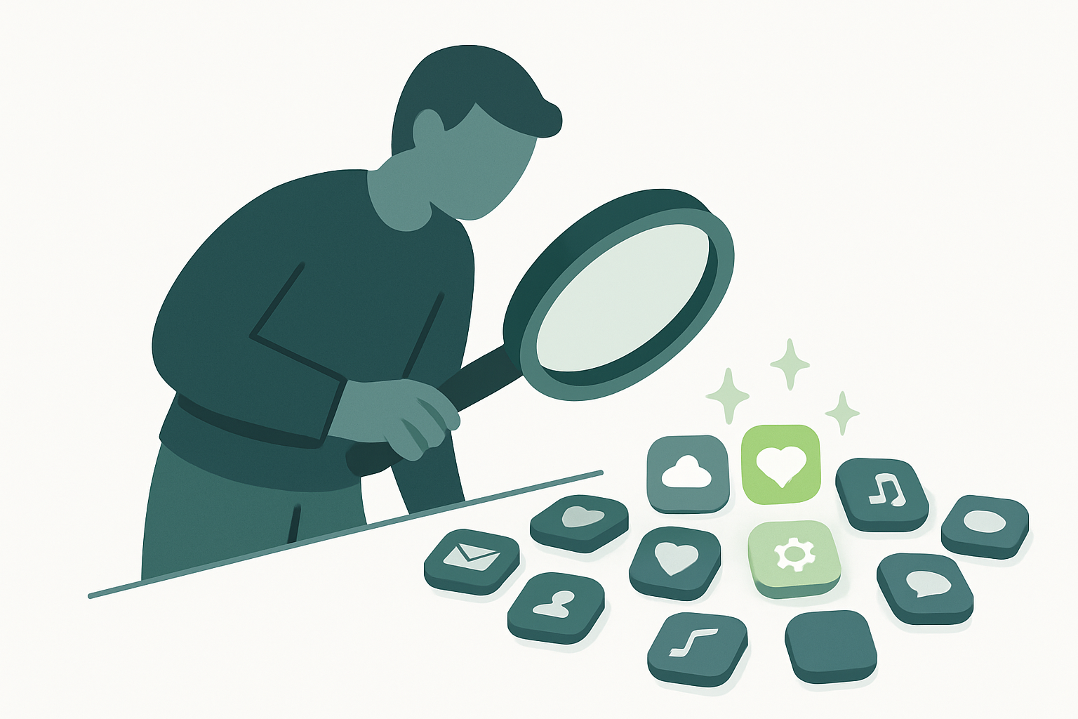 A person with a magnifying glass examining app icons with a few glowing, representing finding app ideas worth building.