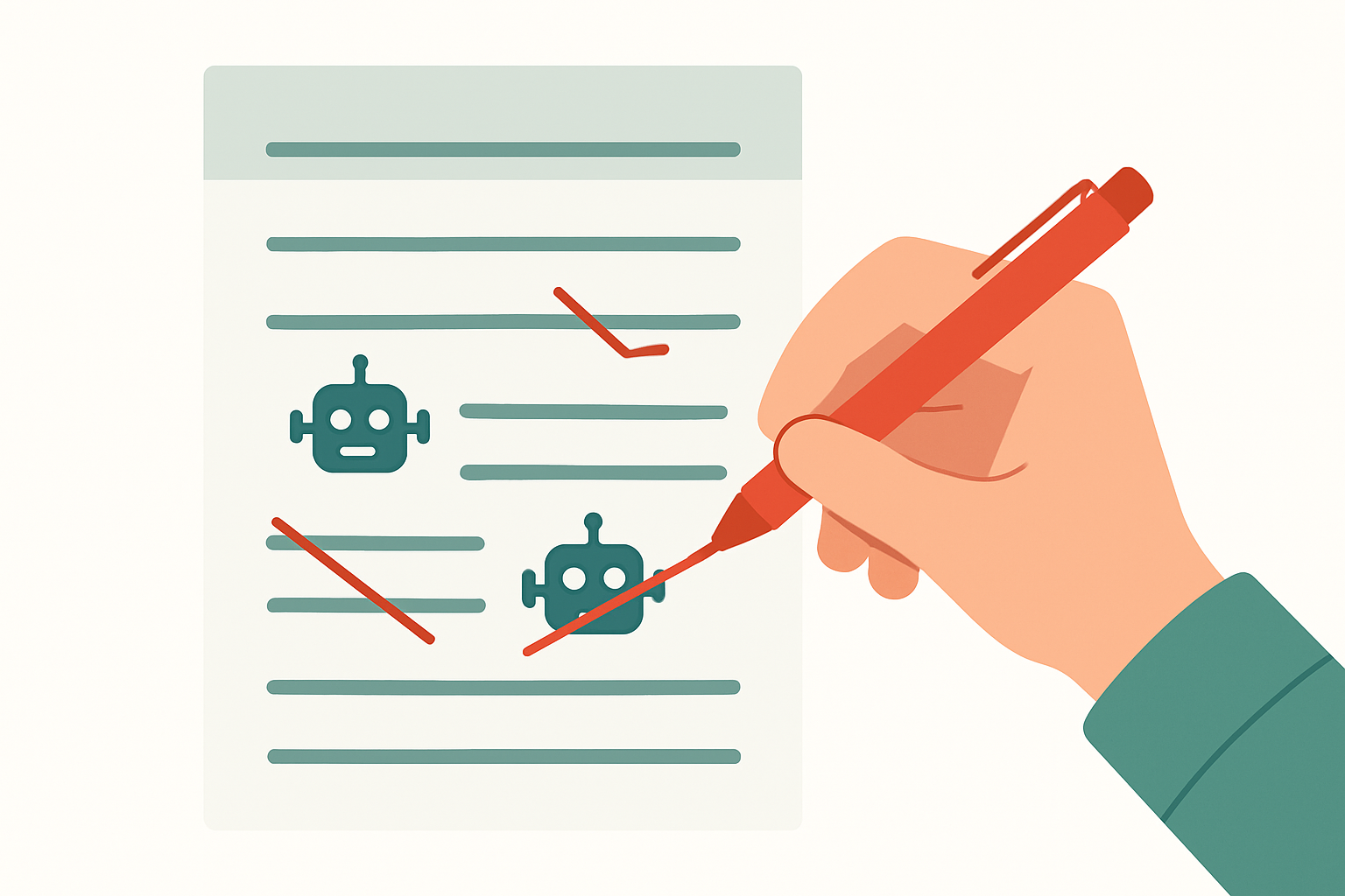 A hand editing a page of text with a red pen, crossing out AI tells to leave clean writing.