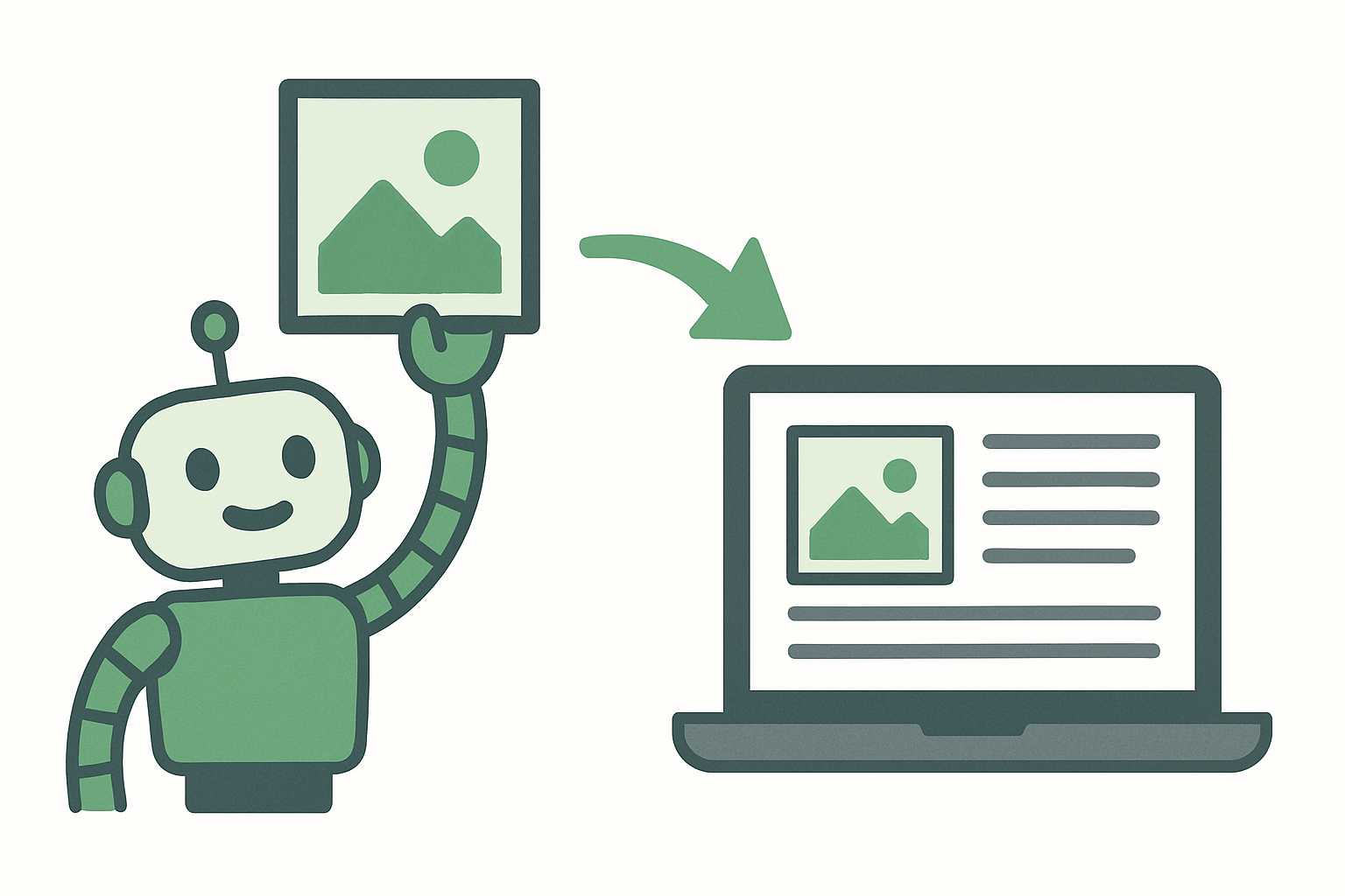 A robot holding a painted framed picture that flows into a blog layout on a laptop, representing the OpenAI image API generating blog images.