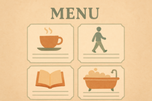 A warm restaurant-style menu card with small self-care icons instead of dishes, representing a self-care menu.