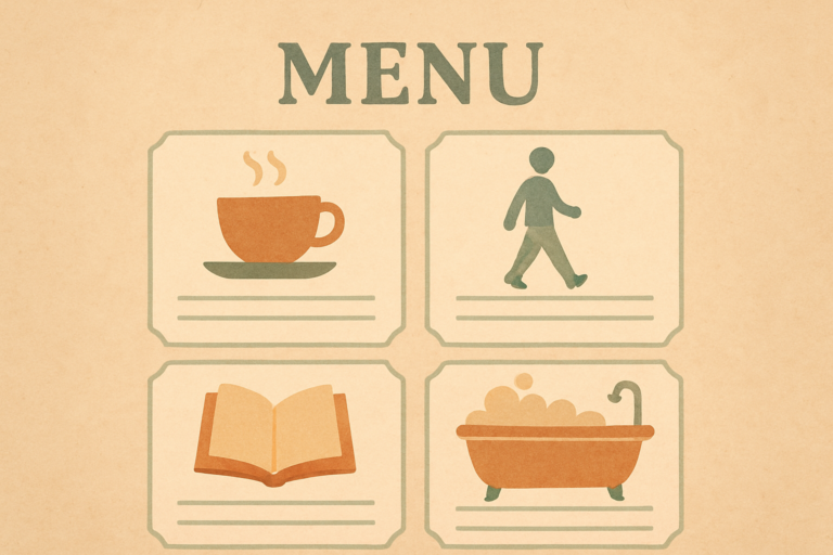 A warm restaurant-style menu card with small self-care icons instead of dishes, representing a self-care menu.