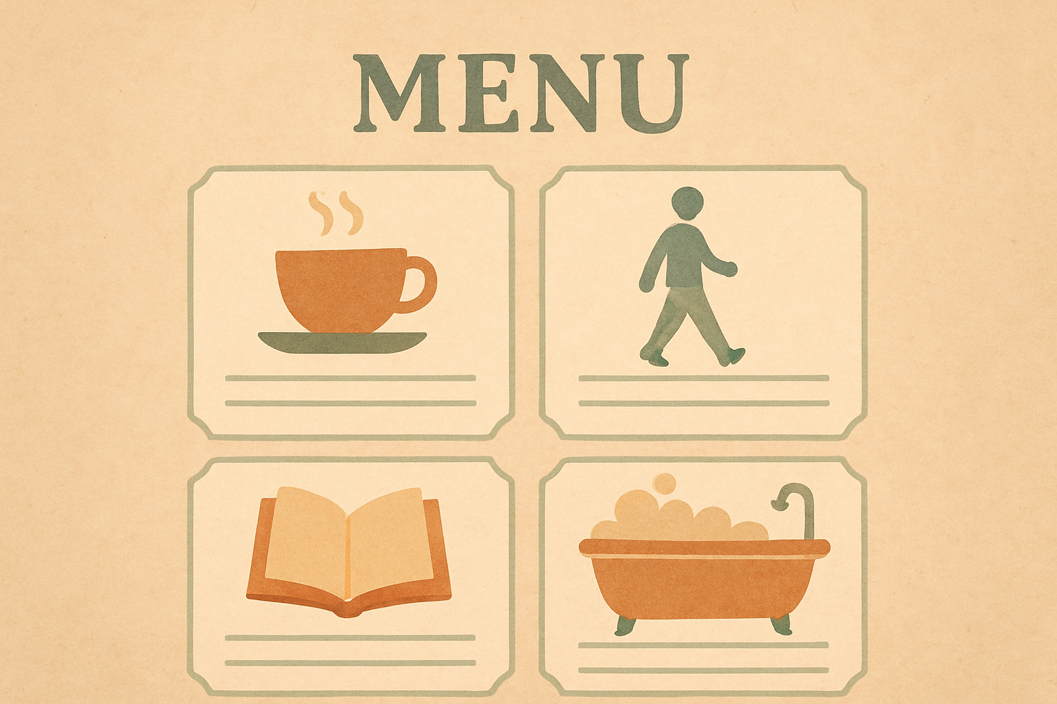 A warm restaurant-style menu card with small self-care icons instead of dishes, representing a self-care menu.