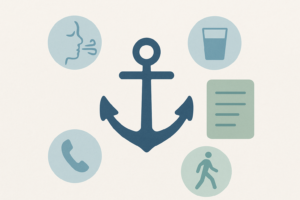 A steady anchor beside a menu card with gentle coping icons, representing a coping skills menu for hard moments.