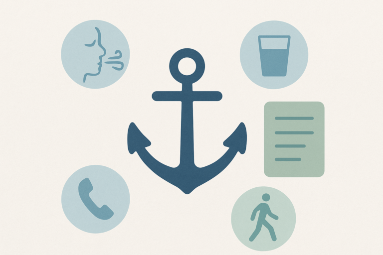 A steady anchor beside a menu card with gentle coping icons, representing a coping skills menu for hard moments.