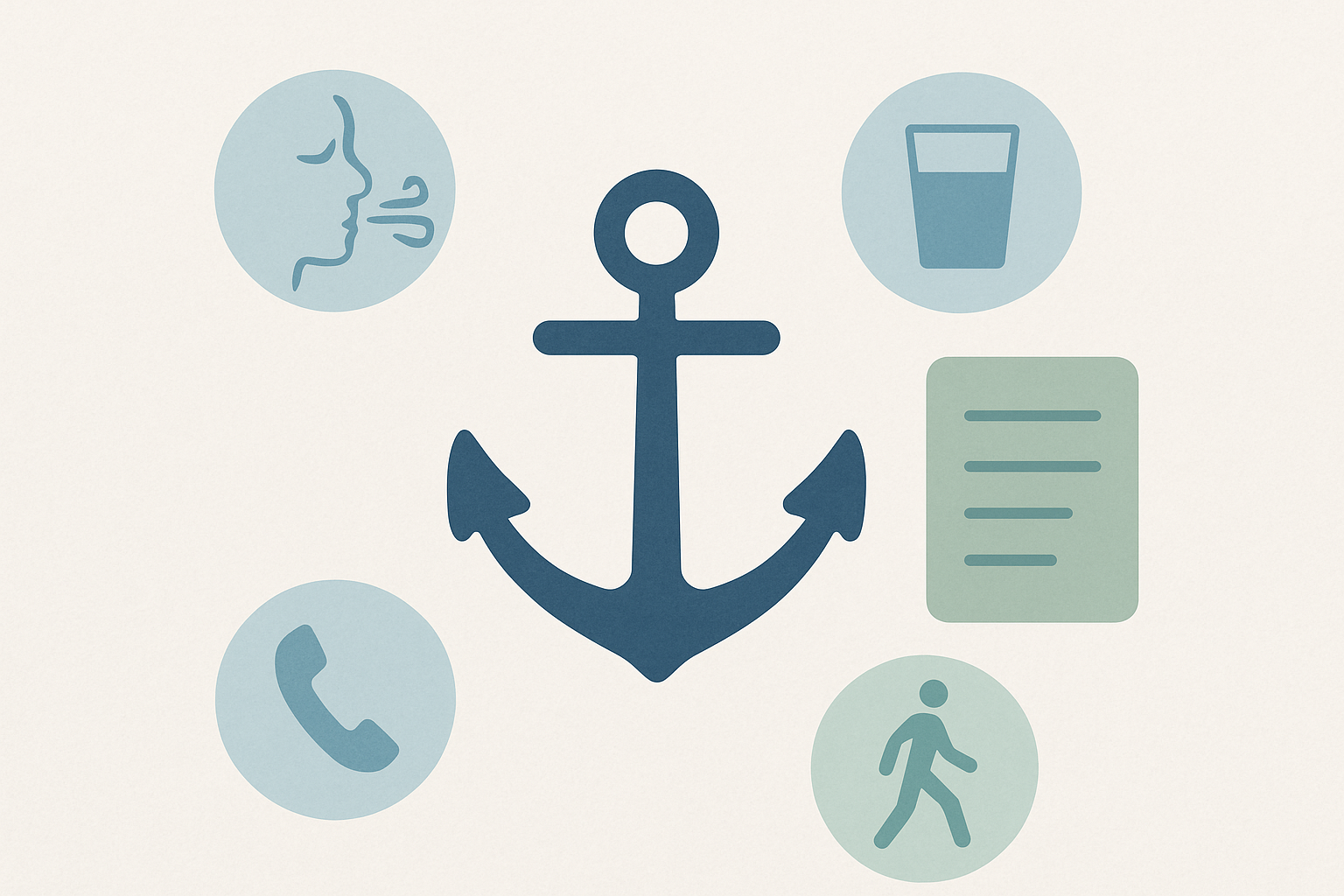 A steady anchor beside a menu card with gentle coping icons, representing a coping skills menu for hard moments.