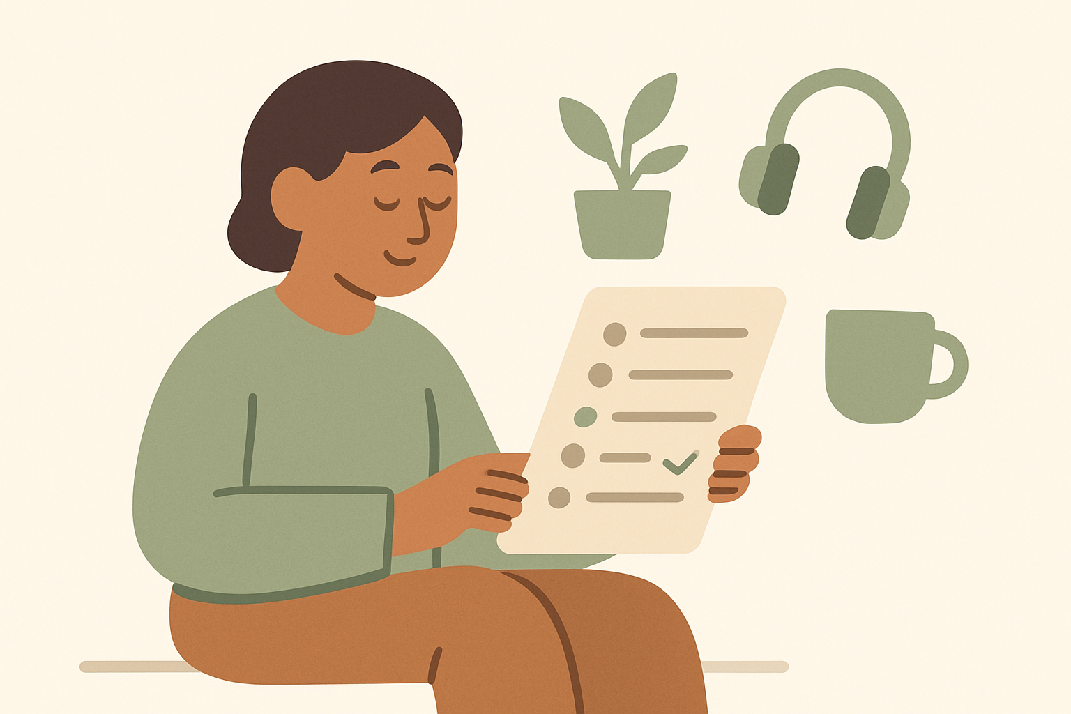A person calmly choosing one small activity from a self-care menu card, representing picking instead of deciding from scratch.