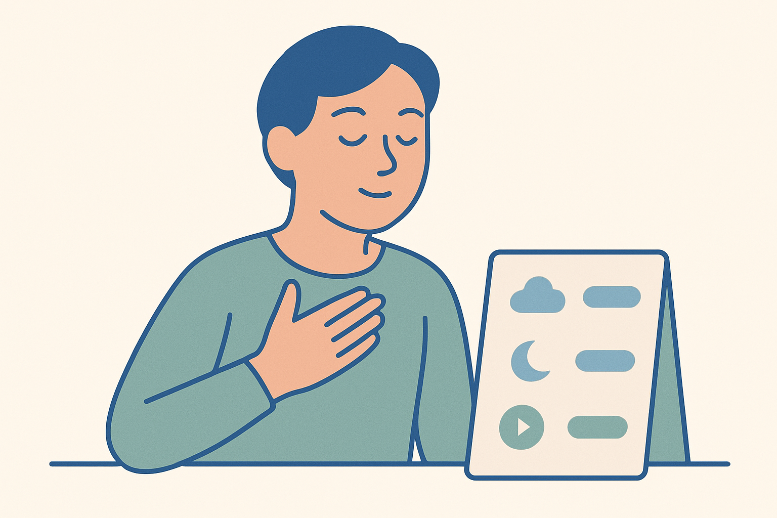 A person taking a slow grounding breath beside a short menu of calm coping options, representing using a coping skills menu in the moment.