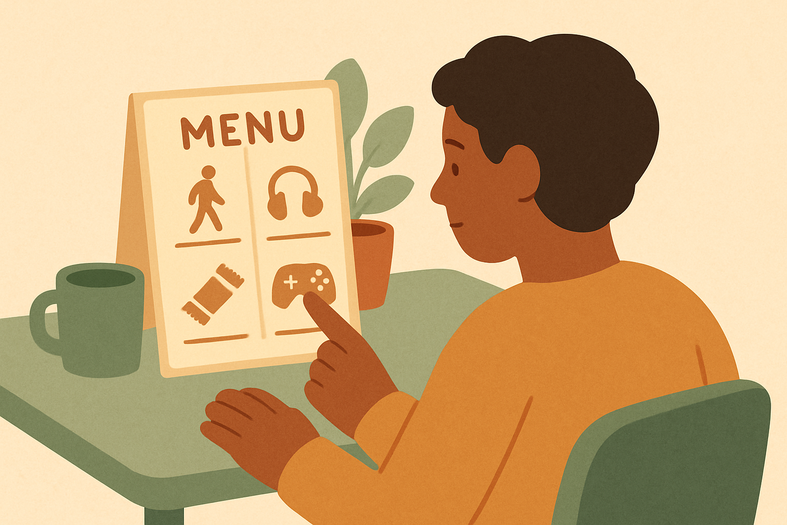 A person picking one small activity from a dopamine menu card, an example of using a dopamine menu.