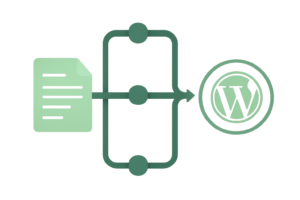 An automated content pipeline flowing through connected nodes into a WordPress publish icon, representing n8n WordPress automation.