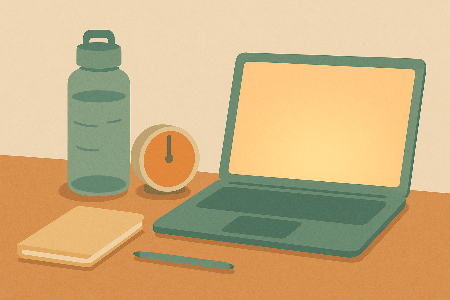 A desk with water, a focus timer, and a laptop, representing a simple focus and hydration productivity stack.