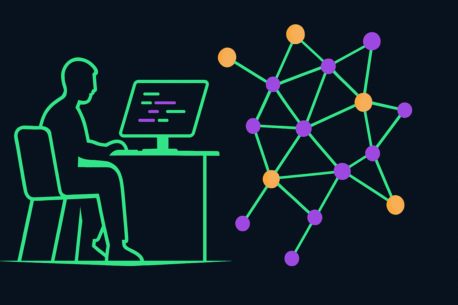 A solo developer beside a growing network of nodes, representing building in public behind the scenes.