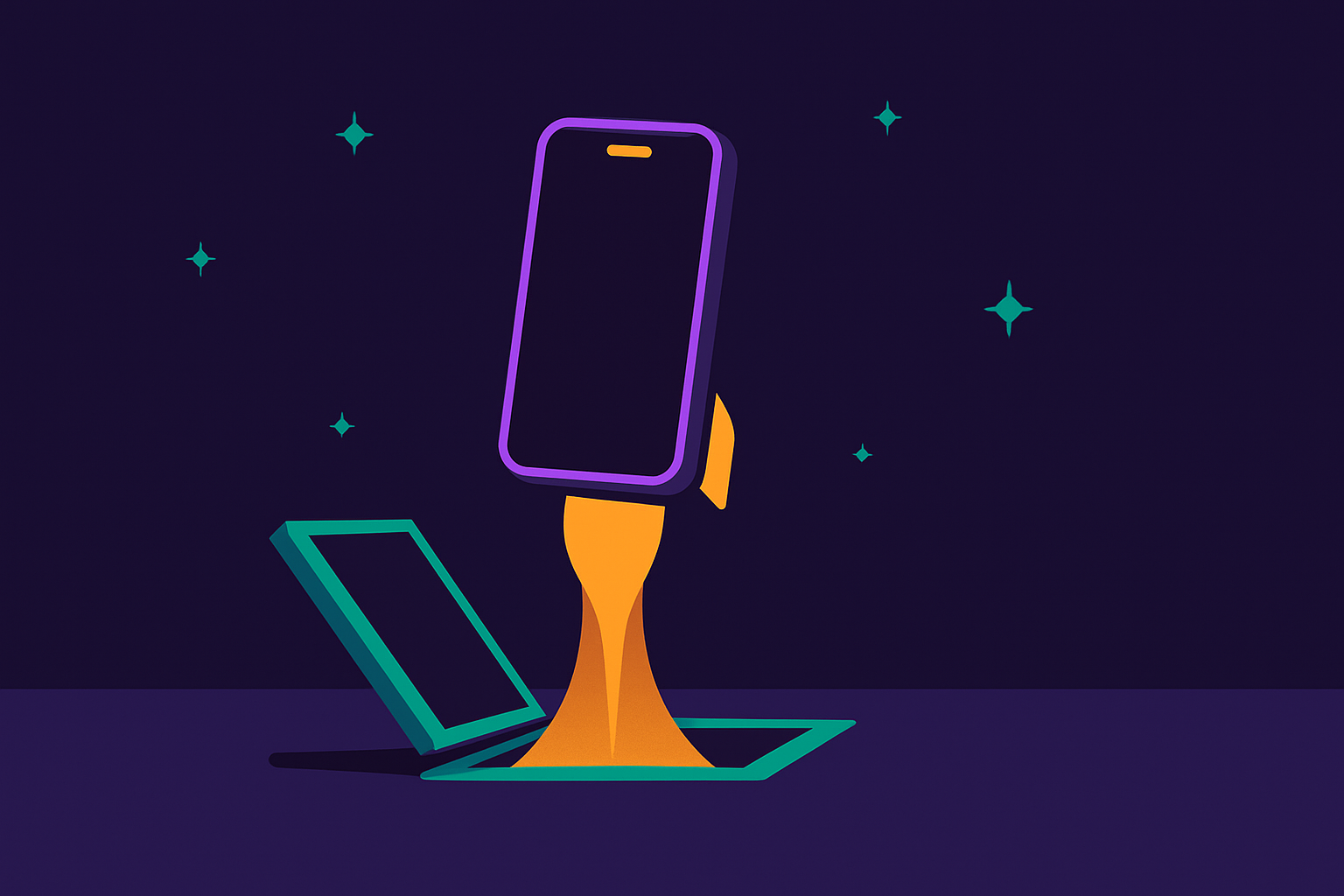 A phone rising like a rocket into the night sky, representing launching my first iOS app as a solo developer.