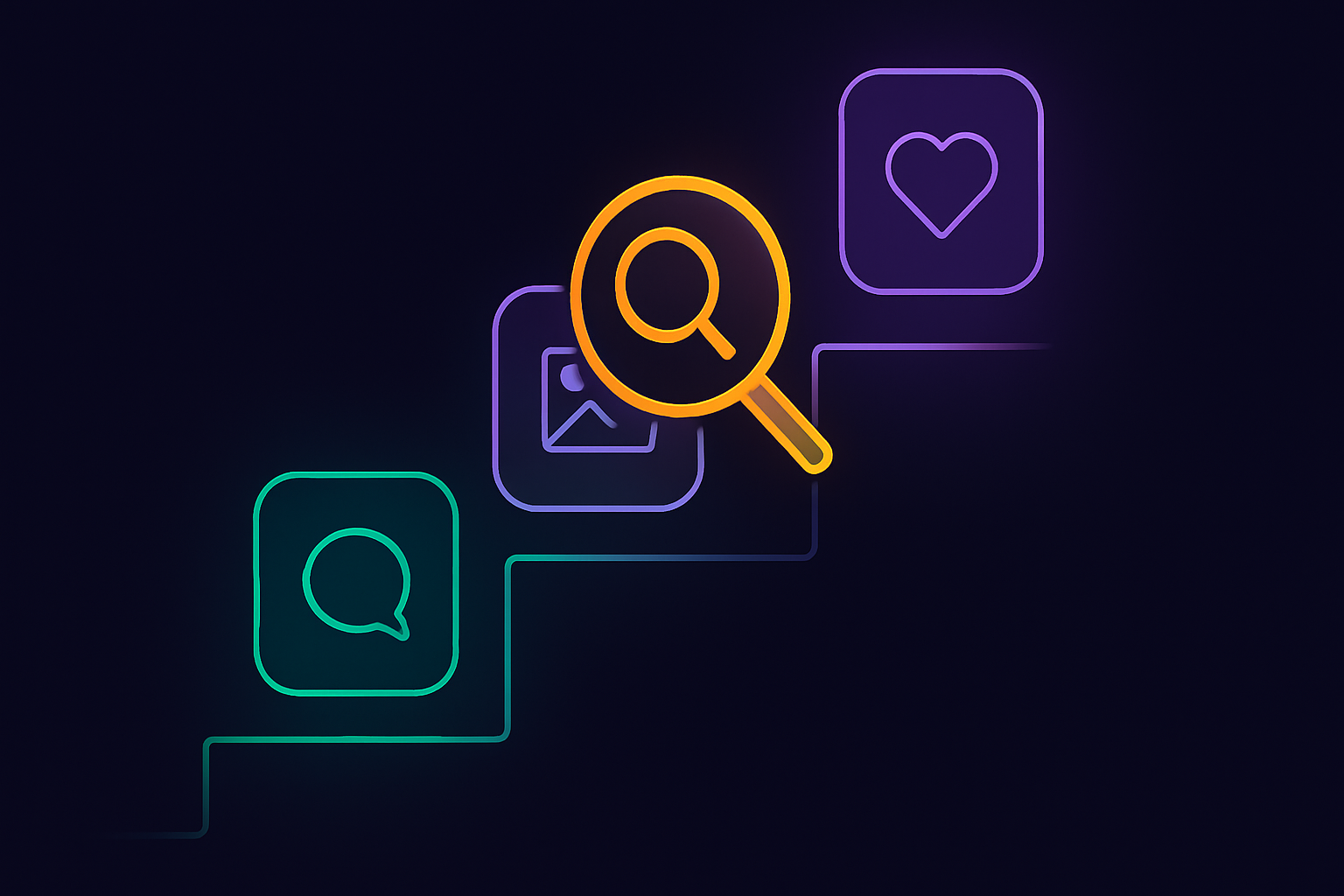 App ideas as ascending tiles with one under a magnifier, representing how to validate an app idea.