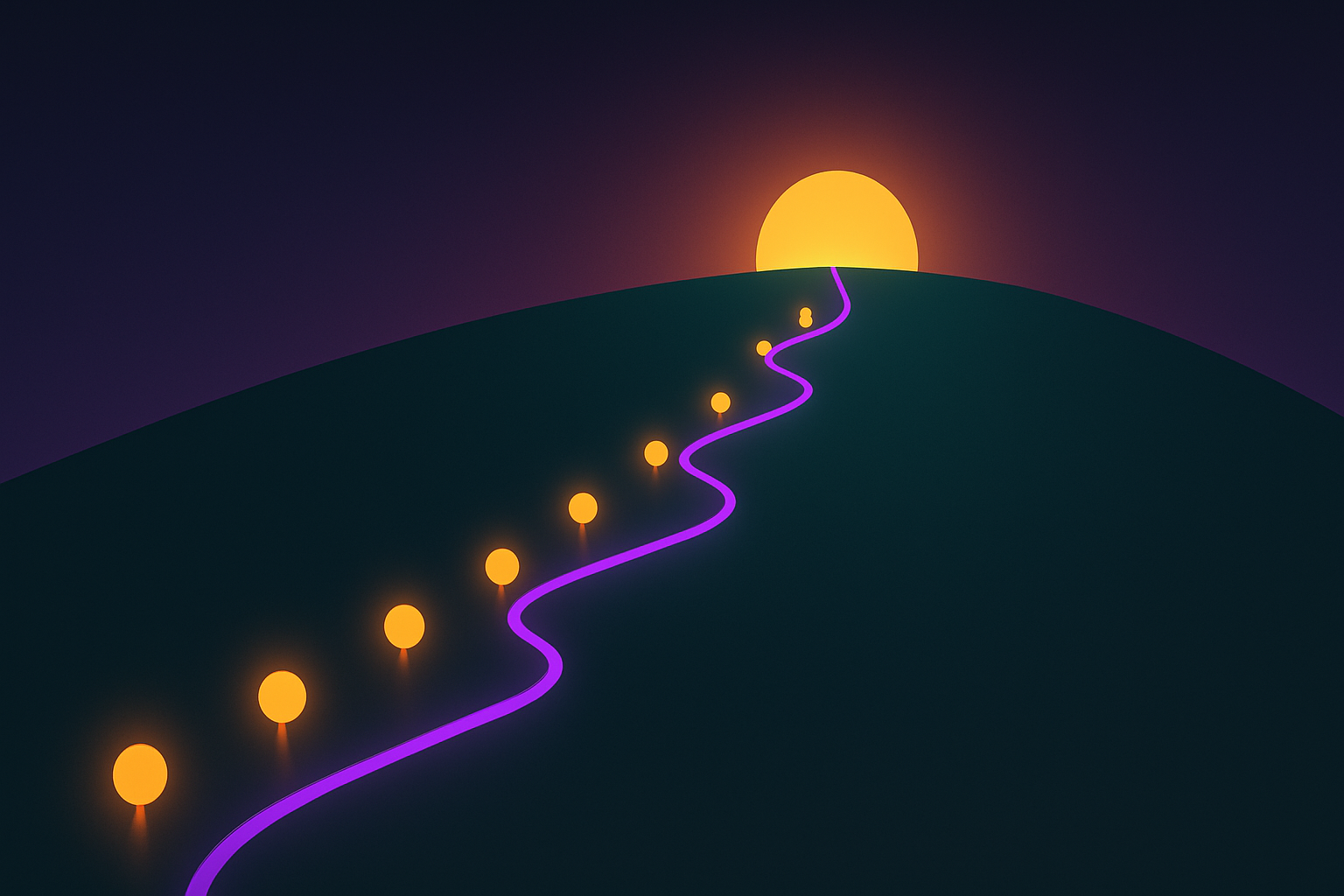 A path of ten ascending checkpoints toward a bright horizon, representing the build 10 apps learning journey.