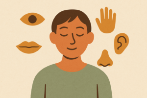 A calm person noticing their senses with five small sense icons, representing the 5-4-3-2-1 grounding technique.