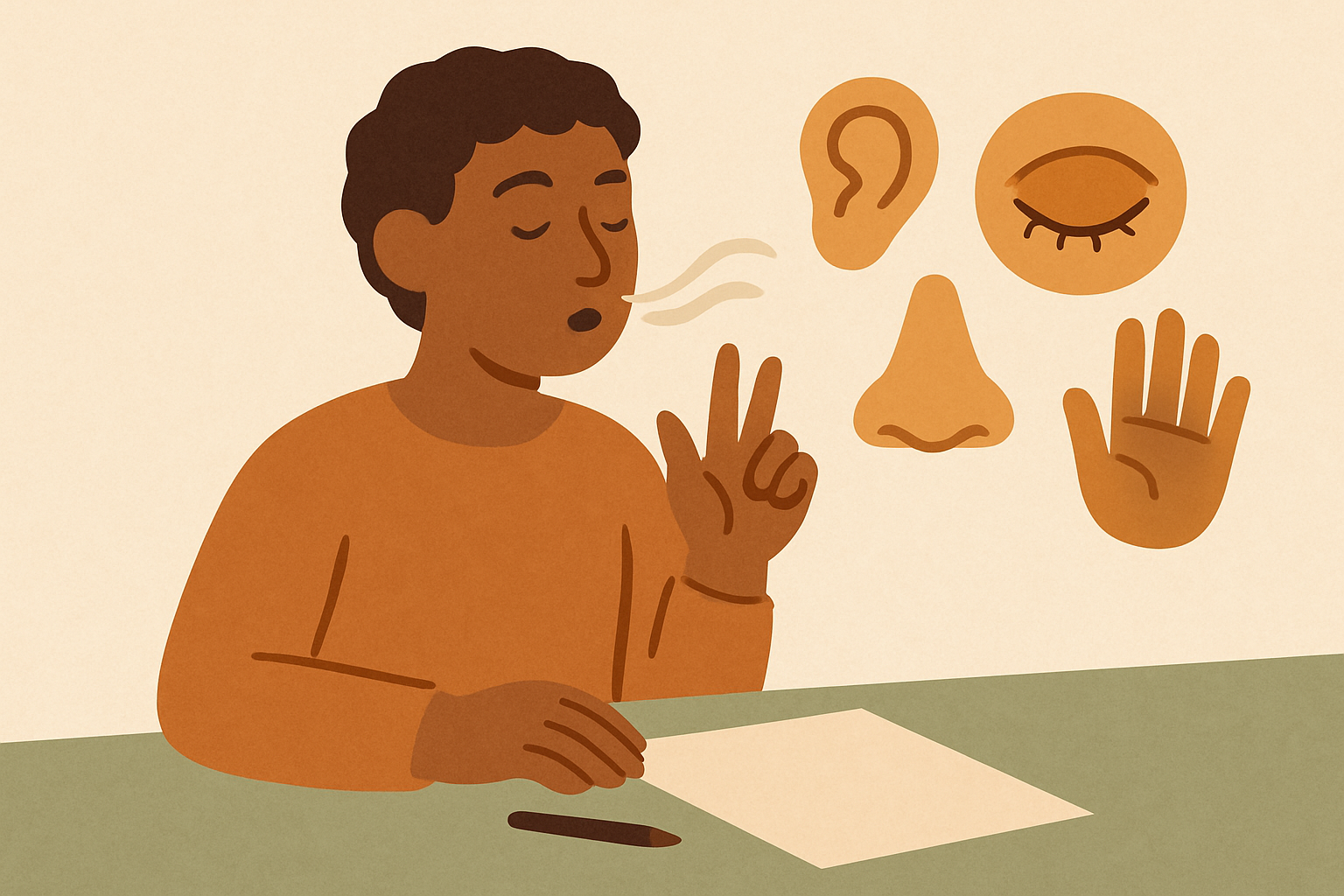 A person counting down through their senses to calm anxiety, representing the 5-4-3-2-1 grounding technique in use.