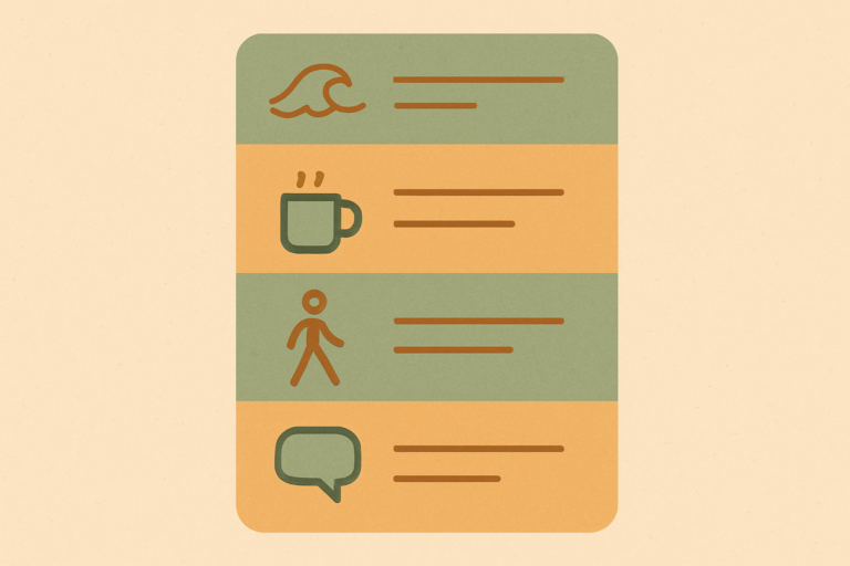 A sorted coping skills list shown as a calm sectioned card with small icons, representing a coping skills list grouped by need.