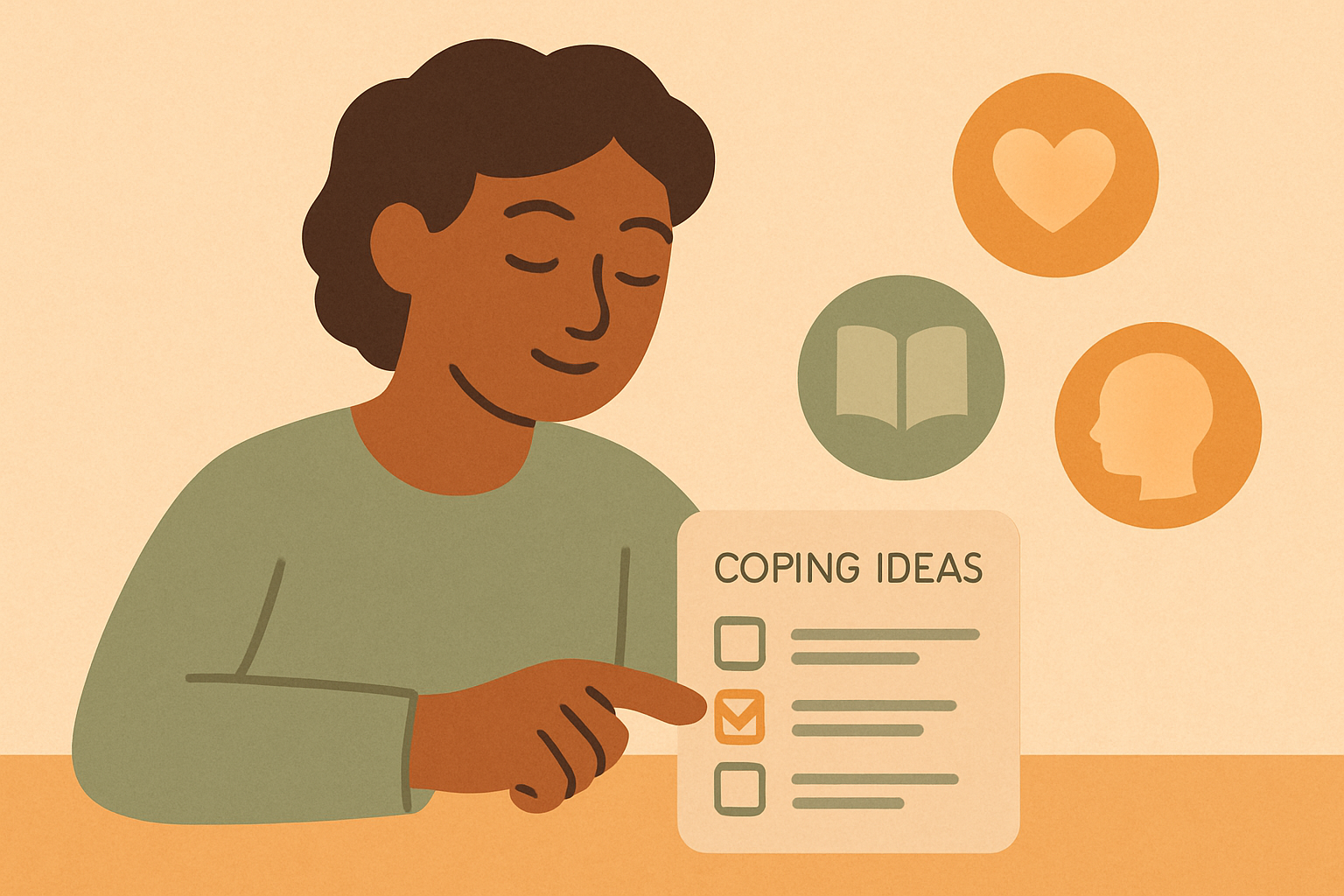 A person picking one option from a sorted coping skills list, representing using a coping skills list in a hard moment.