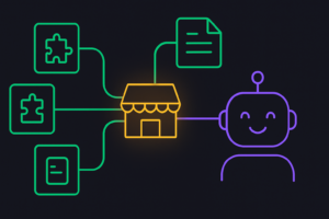 A central marketplace hub distributing modular skill cards into an AI assistant, representing a Claude skills marketplace